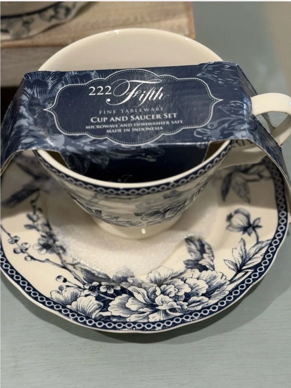 222 Fifth Adelaide Blue Porcelain Floral Birds Teacup & Saucer Set Of 2 New